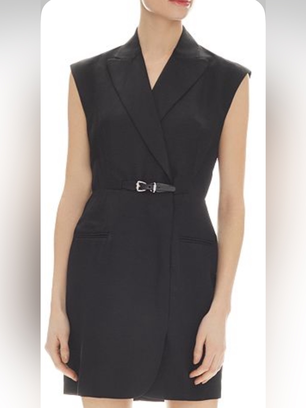 The Sandro Amelie Sleeveless Tuxedo Mini with Waist Buckle.